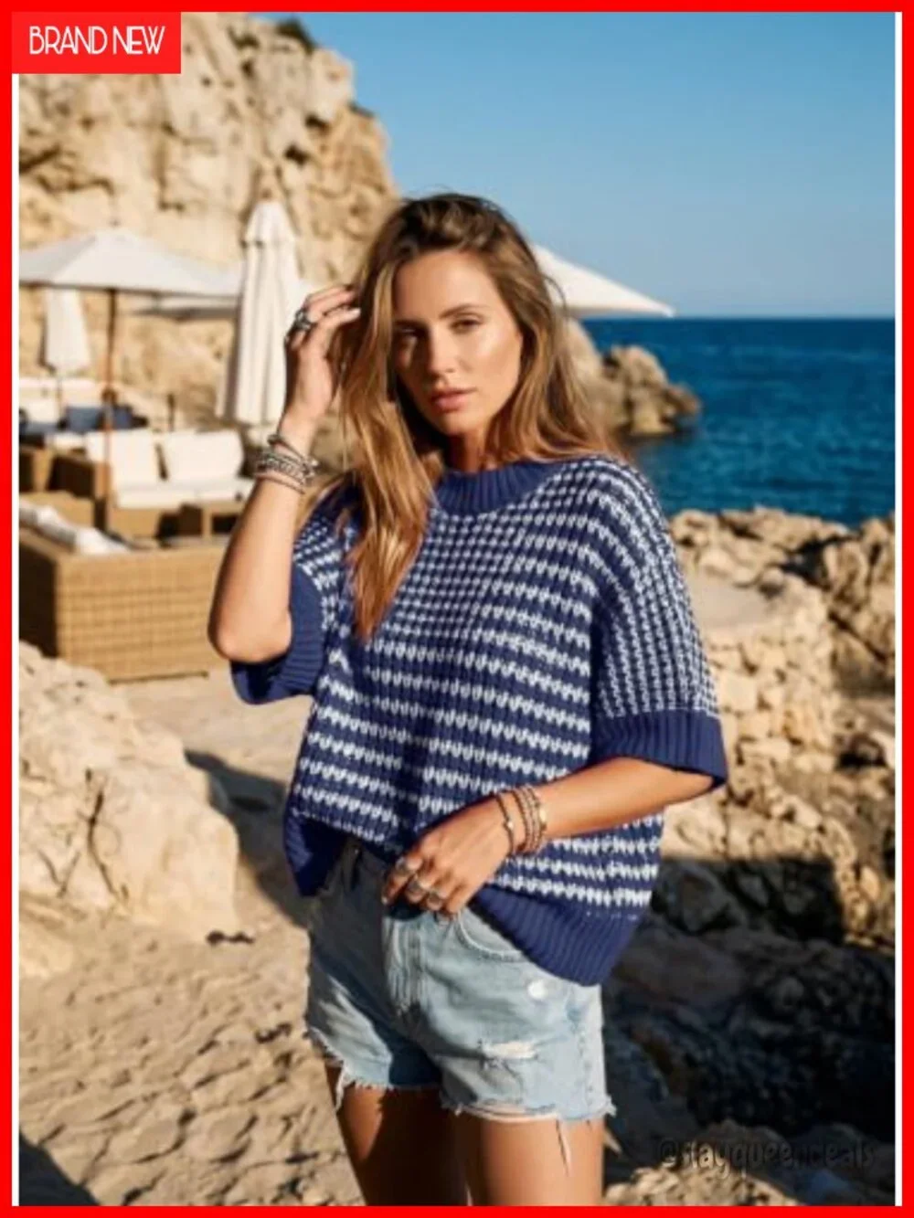 3/4 Sleeve Striped Sweater Top, Crewneck Knit Pullover